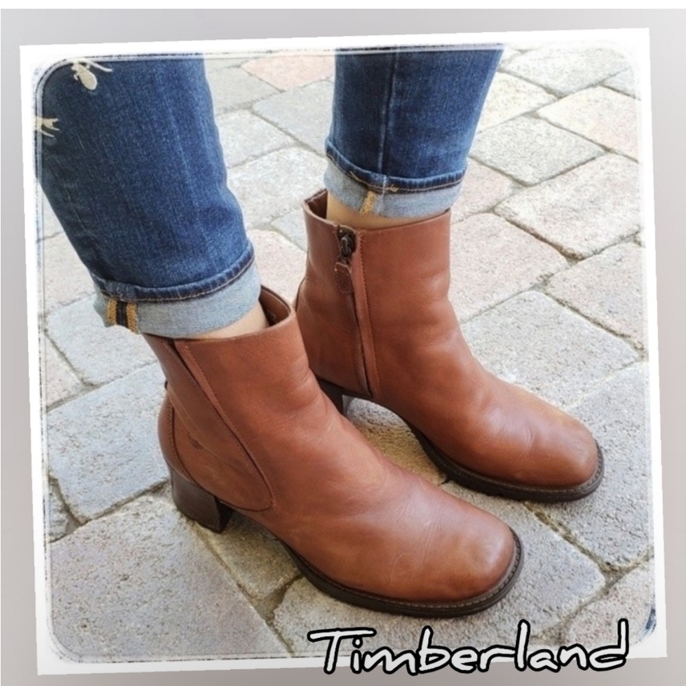 Timberland ALYSE 8.5 brown leather boots ankle booties chunk heel square